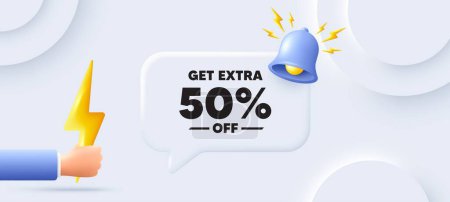 Illustration for Get Extra 50 percent off Sale. Neumorphic background with chat speech bubble. Discount offer price sign. Special offer symbol. Save 50 percentages. Extra discount speech message. Vector - Royalty Free Image