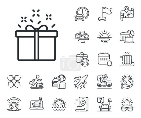 Illustration for Present or Sale sign. Plane jet, travel map and baggage claim outline icons. Gift box line icon. Birthday Shopping symbol. Package in Gift Wrap. Special offer line sign. Vector - Royalty Free Image