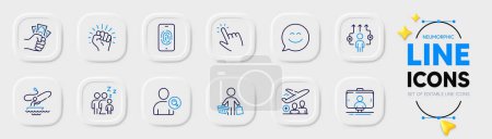 Illustration for Cursor, Fraud and Passenger line icons for web app. Pack of Fingerprint, Boat fishing, Empower pictogram icons. Sleep, Smile chat, Business way signs. Buyer, Find user, Selfie stick. Vector - Royalty Free Image