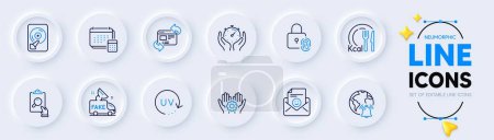 Illustration for Fake news, Hdd and Smile line icons for web app. Pack of Fingerprint lock, Calories, Timer pictogram icons. Uv protection, Internet notification, Account signs. Employee hand. Vector - Royalty Free Image