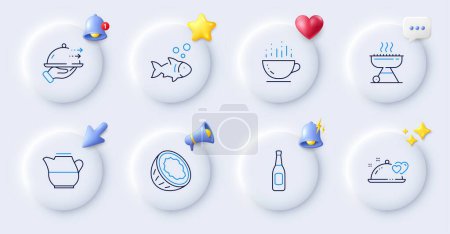 Illustration for Romantic dinner, Grill and Milk jug line icons. Buttons with 3d bell, chat speech, cursor. Pack of Coffee cup, Coconut, Beer icon. Fish, Food delivery pictogram. For web app, printing. Vector - Royalty Free Image
