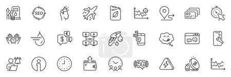Illustration for Icons pack as Plane, Safe time and Timer line icons for app include Browser window, Hydroelectricity, 5g wifi outline thin icon web set. Journey, Seo, Canister pictogram. Card. Vector - Royalty Free Image