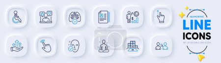 Illustration for Disability, Growth chart and Social media line icons for web app. Pack of Yoga, Employees wealth, Inventory pictogram icons. Communication, Health skin, Touchscreen gesture signs. Cursor. Vector - Royalty Free Image