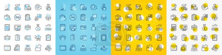 Illustration for Vector icons set of Bitcoin graph, Report and Money bag line icons pack for web with Dollar exchange, Stress grows, Vacancy outline icon. Loyalty program, Credit card, Discounts cart pictogram. Vector - Royalty Free Image