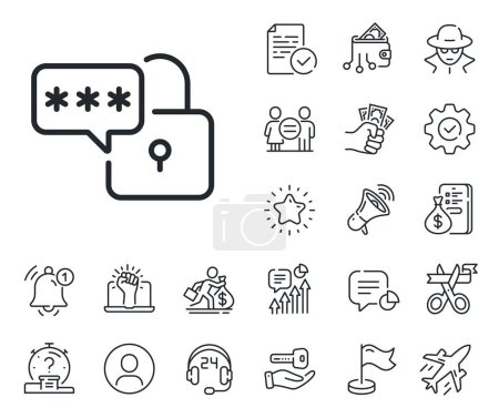 Illustration for Padlock password sign. Salaryman, gender equality and alert bell outline icons. Lock line icon. Security access pass symbol. Lock line sign. Spy or profile placeholder icon. Vector - Royalty Free Image