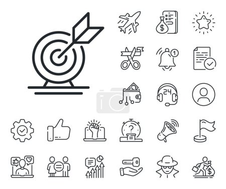 Illustration for Success arrow sign. Salaryman, gender equality and alert bell outline icons. Target goal line icon. Business aim symbol. Target goal line sign. Spy or profile placeholder icon. Vector - Royalty Free Image