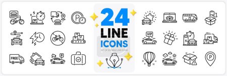 Illustration for Icons set of Bicycle prohibited, Delivery warning and Delivery online line icons pack for app with Air balloon, Journey, Gift thin outline icon. Home charging, Carry-on baggage. Vector - Royalty Free Image