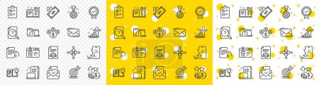 Illustration for Outline Hold document, Legal documents and Recipe book line icons pack for web with Device, Inclusion, Checklist line icon. Time management, Winner reward, Winner pictogram icon. Vector - Royalty Free Image