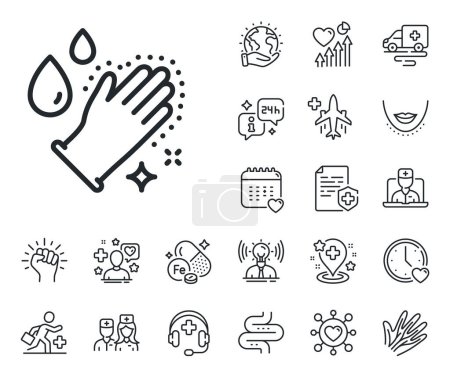 Illustration for Sanitary cleaning sign. Online doctor, patient and medicine outline icons. Washing hands line icon. Clean gloves symbol. Washing hands line sign. Veins, nerves and cosmetic procedure icon. Vector - Royalty Free Image