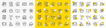 Illustration for Wi-Fi, Air conditioning and Coffee maker machine. Hotel service line icons. Spa stones, swimming pool and bike rental icons. Hotel parking, safe and shower. Food, coffee cup. Vector - Royalty Free Image
