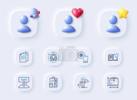 Illustration for Difficult stress, Product knowledge and Teamwork line icons. Placeholder with 3d bell, star, heart. Pack of Document attachment, Accounting, Box size icon. Vector - Royalty Free Image