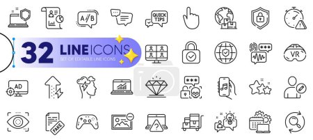 Illustration for Outline set of Online question, Attention and Diamond line icons for web with Remove image, Eye detect, Seo adblock thin icon. Software, Shield, Report pictogram icon. Inventory cart. Vector - Royalty Free Image