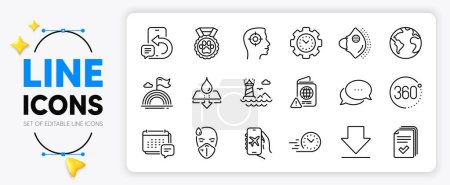 Illustration for Flight mode, Downloading and Lgbt line icons set for app include Phone message, Handout, Lighthouse outline thin icon. World planet, 360 degrees, Recruitment pictogram icon. Dots message. Vector - Royalty Free Image