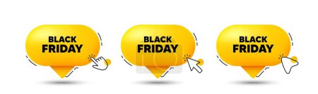 Illustration for Black Friday Sale. Click here buttons. Special offer price sign. Advertising Discounts symbol. Black friday speech bubble chat message. Talk box infographics. Vector - Royalty Free Image
