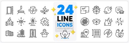 Illustration for Icons set of Fire energy, Electric energy and Square area line icons pack for app with Lounge place, Package location, Open door thin outline icon. Paint roller, Charge battery. Vector - Royalty Free Image