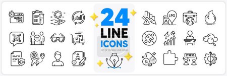 Illustration for Icons set of Quick tips, Puzzle and Sunglasses line icons pack for app with Flight sale, Employee hand, Difficult stress thin outline icon. Medical analyzes, Medical certificate. Vector - Royalty Free Image