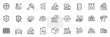 Illustration for Icons pack as Car wash, Elevator and Hold box line icons for app include Brush, Realtor, Parcel tracking outline thin icon web set. Charge battery, Exhaust, Open door pictogram. Exit. Vector - Royalty Free Image