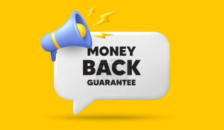 Illustration for Money back guarantee tag. 3d speech bubble banner with megaphone. Promo offer sign. Advertising promotion symbol. Money back guarantee chat speech message. 3d offer talk box. Vector - Royalty Free Image