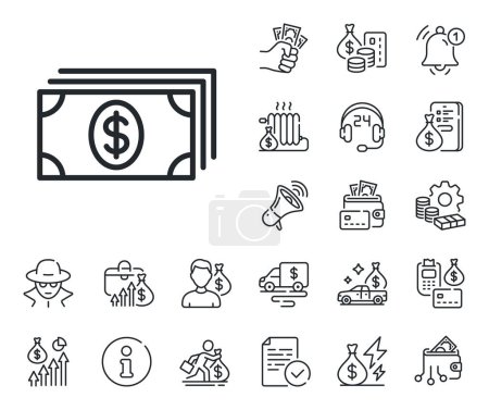 Illustration for Banking currency sign. Cash money, loan and mortgage outline icons. Cash money line icon. Dollar or USD symbol. Banking line sign. Credit card, crypto wallet icon. Inflation, job salary. Vector - Royalty Free Image