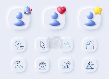 Illustration for Cherry, Cursor and Tickets line icons. Placeholder with 3d bell, star, heart. Pack of Grill, Inflation, Line chart icon. Journey, Winner pictogram. For web app, printing. Vector - Royalty Free Image