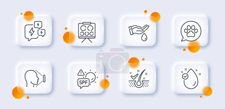 Illustration for Vision board, Face id and Anti-dandruff flakes line icons pack. 3d glass buttons with blurred circles. Vitamin e, Wash hands, Spf protection web icon. Stress, Pets care pictogram. Vector - Royalty Free Image