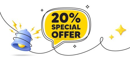 Illustration for 20 percent discount offer tag. Continuous line art banner. Sale price promo sign. Special offer symbol. Discount speech bubble background. Wrapped 3d bell icon. Vector - Royalty Free Image
