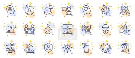 Illustration for Outline set of Person talk, Fingerprint research and User info line icons for web app. Include Search employee, Share, Mental health pictogram icons. Security, Touchscreen gesture. Vector - Royalty Free Image