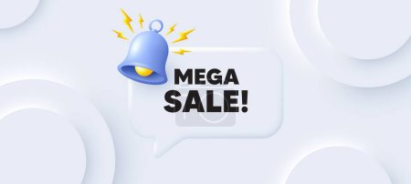 Illustration for Mega Sale tag. Neumorphic background with chat speech bubble. Special offer price sign. Advertising Discounts symbol. Mega sale speech message. Banner with bell. Vector - Royalty Free Image