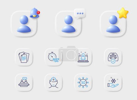 Illustration for Brain working, Employees talk and Web3 line icons. Placeholder with 3d star, reminder bell, chat. Pack of Freezing, Lungs, Quick tips icon. Documents, Best manager pictogram. Vector - Royalty Free Image