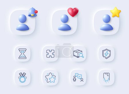 Illustration for Search package, Consulting business and Power safety line icons. Placeholder with 3d bell, star, heart. Pack of Star, Puzzle, Time icon. Honor, Smartphone recovery pictogram. Vector - Royalty Free Image