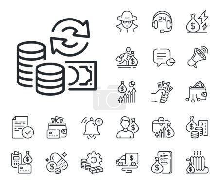 Illustration for Currency exchange sign. Cash money, loan and mortgage outline icons. Change money line icon. Transfer payment symbol. Change money line sign. Credit card, crypto wallet icon. Vector - Royalty Free Image