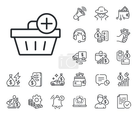 Illustration for Online buying sign. Cash money, loan and mortgage outline icons. Add to Shopping cart line icon. Supermarket basket symbol. Add purchase line sign. Credit card, crypto wallet icon. Vector - Royalty Free Image