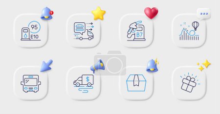Illustration for Diesel station, Gift and Package box line icons. Buttons with 3d bell, chat speech, cursor. Pack of Bus, Petrol station, Cash transit icon. Food delivery, Roller coaster pictogram. Vector - Royalty Free Image