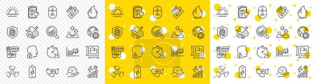 Illustration for Outline Chemical hazard, 360 degree and Fingerprint line icons pack for web with Zinc mineral, Electricity consumption, Battery charging line icon. Fire energy, Sun protection. Vector - Royalty Free Image