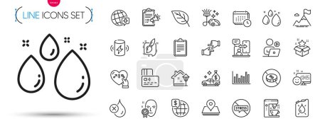 Illustration for Pack of Stop stress, World medicine and Clipboard line icons. Include Card, Painting brush, Charge battery pictogram icons. Calendar, Bar diagram, Water drop signs. Coffee maker. Vector - Royalty Free Image