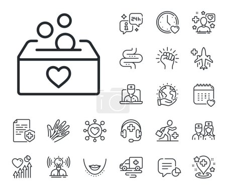Illustration for Fundraising box sign. Online doctor, patient and medicine outline icons. Donate money box line icon. Donation coin symbol. Donation line sign. Veins, nerves and cosmetic procedure icon. Vector - Royalty Free Image