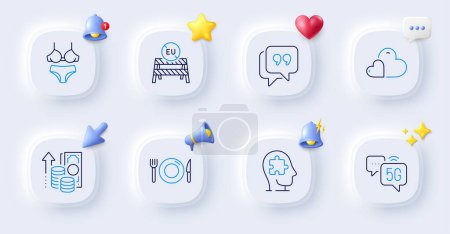 Illustration for 5g internet, Inflation and Lingerie line icons. Buttons with 3d bell, chat speech, cursor. Pack of Mental conundrum, Care, Quote bubble icon. Eu close borders, Food pictogram. Vector - Royalty Free Image