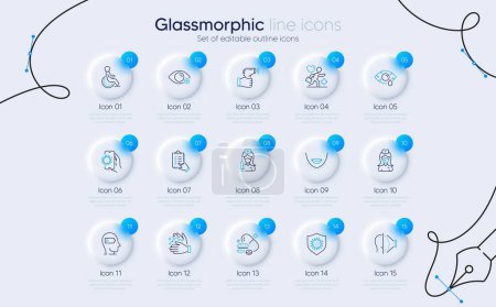 Illustration for Set of Overeating pills, Chin and Conjunctivitis eye line icons for web app. Farsightedness, Wash hands, Nurse icons. Patient, Electronic thermometer, Vaccination signs. Disability. Vector - Royalty Free Image