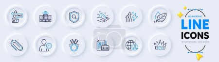 Illustration for Skin care, Energy inflation and Vacancy line icons for web app. Pack of Hospital building, Crown, Time management pictogram icons. Honor, Leaf, Inspect signs. Fake internet. Neumorphic buttons. Vector - Royalty Free Image
