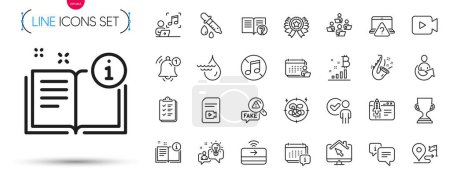 Illustration for Pack of Info, Video file and Winner ribbon line icons. Include Music, Verification person, Chemistry pipette pictogram icons. Accounting, Help, Contactless payment signs. Calendar. Vector - Royalty Free Image
