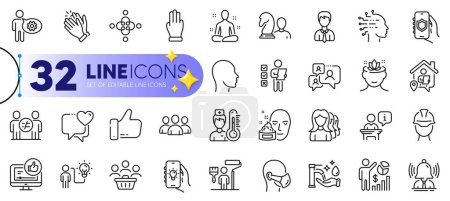 Illustration for Outline set of Group, Heart and Yoga line icons for web with Support chat, Electric app, Security app thin icon. Head, Three fingers, Podium pictogram icon. Discrimination, Like, Buyers. Vector - Royalty Free Image