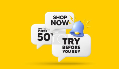 Illustration for Try before you buy tag. 3d offer chat speech bubbles. Special offer price sign. Advertising discounts symbol. Try before you buy speech bubble 3d message. Talk box banner with bell. Vector - Royalty Free Image