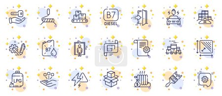Illustration for Outline set of Square area, Inventory and Cogwheel line icons for web app. Include Entrance, Diesel canister, Architectural plan pictogram icons. Packing boxes, Technical documentation. Vector - Royalty Free Image