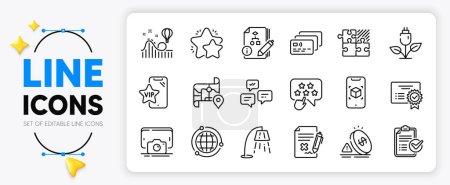Illustration for Map, Vip phone and Phone photo line icons set for app include Card, Globe, Algorithm outline thin icon. Stand lamp, Chat messages, Survey checklist pictogram icon. Certificate, Star, Eco power. Vector - Royalty Free Image