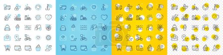 Illustration for Vector icons set of Account, Discount and Electric bike line icons pack for web with Calendar, Bike, Hold heart outline icon. Heart, Fireworks explosion, Cupcake pictogram. Journey. Vector - Royalty Free Image