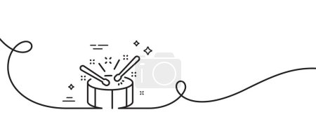 Illustration for Drums with drumsticks line icon. Continuous one line with curl. Music sign. Musical instrument symbol. Drums single outline ribbon. Loop curve pattern. Vector - Royalty Free Image