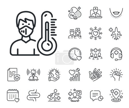 Illustration for Doctor with face mask sign. Online doctor, patient and medicine outline icons. Thermometer line icon. Temperature measuring symbol. Thermometer line sign. Vector - Royalty Free Image