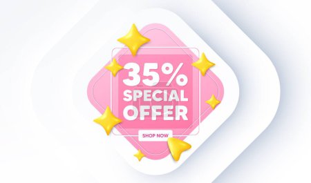 Illustration for 35 percent discount offer tag. Neumorphic promotion banner. Sale price promo sign. Special offer symbol. Discount message. 3d stars with cursor pointer. Vector - Royalty Free Image