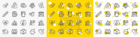 Illustration for Outline Warning, Cake and Work home line icons pack for web with Radiator, World statistics, Friendship line icon. Replacement, Pencil, Market sale pictogram icon. Credit card. Vector - Royalty Free Image
