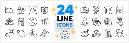 Illustration for Icons set of Music, Vr and Talk bubble line icons pack for app with Ethics, Winner ribbon, Translate thin outline icon. Internet search, Report, Decreasing graph pictogram. Vector - Royalty Free Image